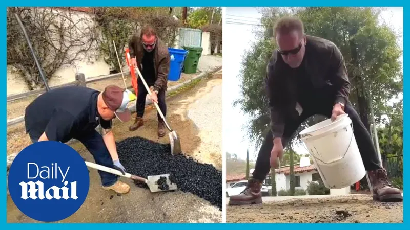 Арнольд Шварценеггер заполняет яму на улице Лос-Анджелеса